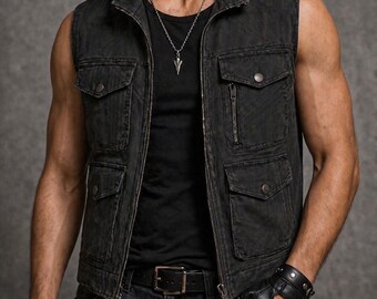 Men’s Black Cotton Vest, Sleeveless Biker Style Jacket, Vintage Distressed Casual Vest, Slim Fit Streetwear Outfit