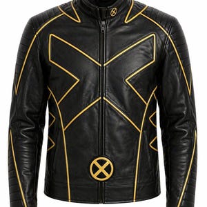 May include: Black leather jacket with gold detailing and a full-zip. The jacket has a gold 'X' design on the chest and back, with gold accents along the seams and shoulders. A gold 'X' logo is also on the chest.