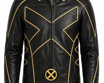 X-Men Wolverine Logan Black Leather X Style Jacket, Superhero Inspired Biker Jacket, Gold Stripe Moto Jacket, Men Cosplay Outfit