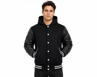 Men's Varsity Jacket Genuine Leather Sleeves Wool Blend Letterman Jacket Hooded College Bomber Black Jacket