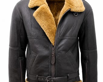 Men's Black Real Shearling Sheepskin B3 Aviator Leather Jacket – RAF Pilot Coat