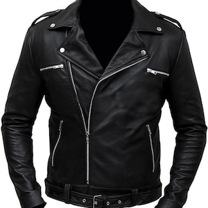 May include: A black leather jacket with a classic biker style. Features include a notched lapel, asymmetrical zipper closure, multiple zippered pockets, and a belt at the waist. The jacket has silver hardware and a smooth, sleek texture.