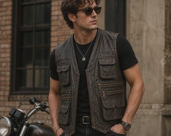 Men's Distressed Leather Safari Hunting Vest, Multi-Pocket Biker Outdoor Wear