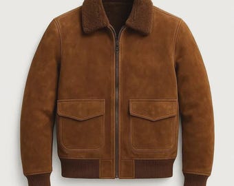 Men’s Brown Suede Leather Winter Jacket with Shearling Collar | Genuine Suede Bomber Jacket | Warm Fleece-Lined Outerwear