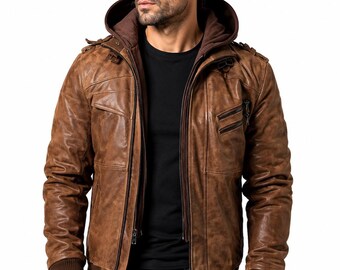 Men's Brown Leather Motorcycle Jacket with Removable Hood