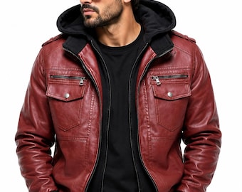 Men’s Leather Motorcycle Jacket with Hood, Burgundy Leather Biker Jacket, Men’s Moto Jacket, Zip-Up Hooded Jacket