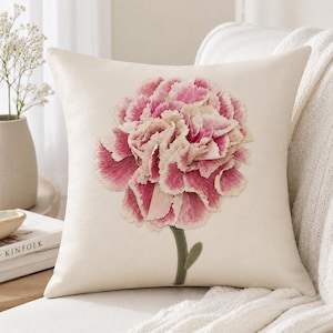 Off White Leather Cushion Cover with Carnation Flower Patchwork | Decorative Handmade Floral Throw Pillow Cover | 14x14, 16x16, 18x18