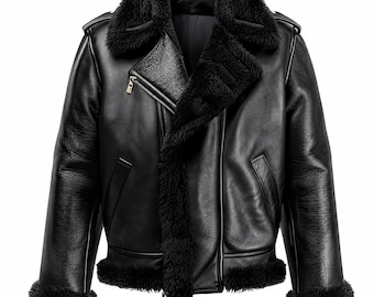 Men's Black Sheepskin Leather Bomber Jacket – Faux Fur Shearling Collar Aviator Coat