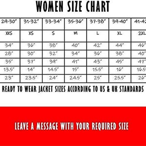 May include: A women's size chart for jackets, with measurements in inches. Includes body chest, jacket size, jacket bust, waist, hip, shoulder, and sleeve measurements, ranging from XXS to 3XL. Text at the bottom says "Leave a message with your required size."