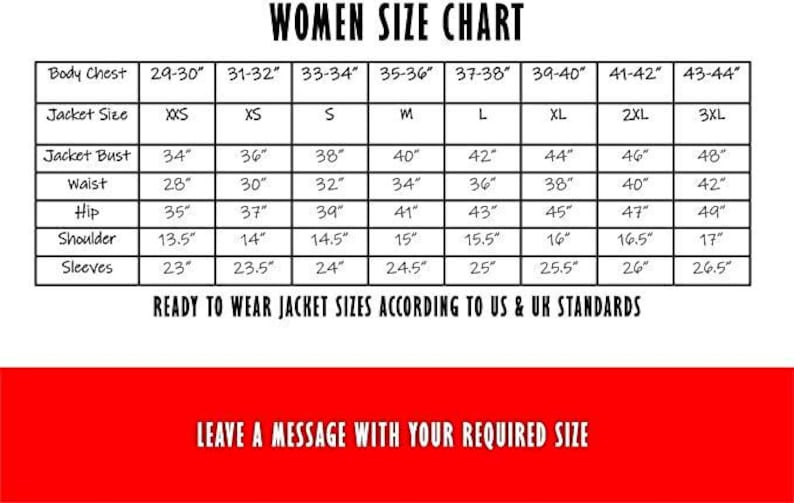 May include: A women's size chart for jackets, with measurements in inches. Includes body chest, jacket size, jacket bust, waist, hip, shoulder, and sleeve measurements, ranging from XXS to 3XL. Text at the bottom says "Leave a message with your required size."