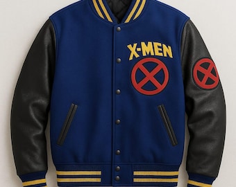 X Men Blue & Black Letterman Jacket – Comic Inspired Biker Style Jacket – Wolverine Varsity Jacket for Men