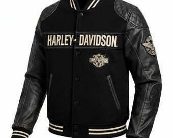 Men’s Retro H-D Harley Style Varsity Jacket Black Wool & Leather Sleeves | Biker Letterman Jacket | Vintage Motorcycle Streetwear Coat
