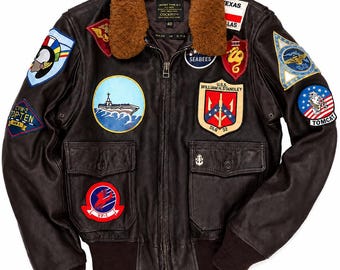 Men's G-1 Aviator Leather Jacket, Brown Pilot Bomber Jacket, Shearling Collar, Embroidered Military Patches, Cockpit Style