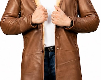 Brown Shearling Leather Trench Coat | Men's Lambskin Winter Jacket, Stand Collar Style