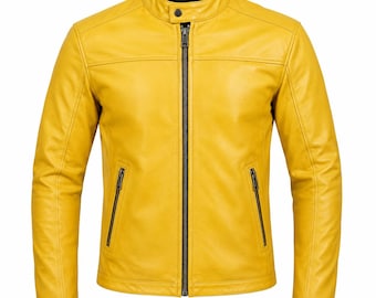 Men's Yellow Leather Jacket, Mustard Biker Jacket, Motorcycle Jacket, Slim Fit Moto Jacket