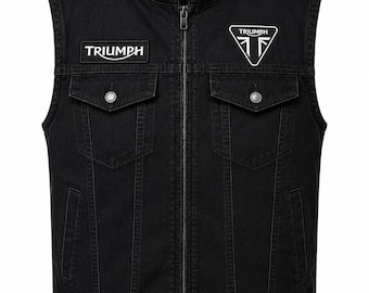 Men’s Triumph Style Black Cotton Biker Vest – Motorcycle Cafe Racer Sleeveless Riding Waistcoat for Riders