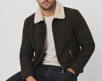 Men's Brown Suede Jacket, Shearling Collar, Rick Grimes Style Coat