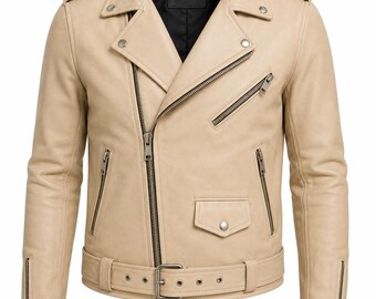 Beige Leather Biker Jacket for Men, Motorcycle Jacket, Vintage Leather Jacket, Mens Cafe Racer Jacket