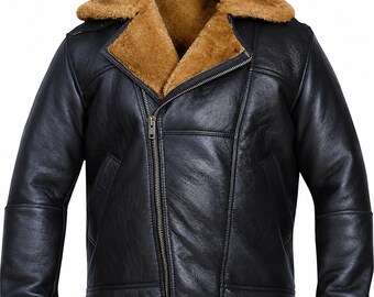 Men's Black Sheepskin Leather B3 Bomber Jacket | Real Shearling Aviator RAF Coat