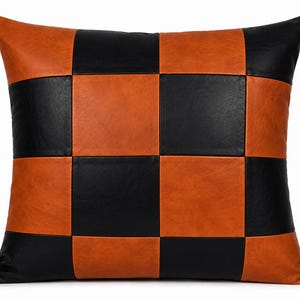Kissenbezug aus Leder mit Karomuster in Kamel und Schwarz | Dekorativer Sofakissenbezug im Patchwork-Stil | Wohn-, Schlafzimmer- und Schlafzimmerdekoration | 14x14, 16x16, 18x18