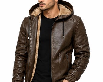 Men’s Leather Jacket with Hood, Brown Shearling Lined Jacket, Winter Motorcycle Jacket, Hooded Bomber Jacket, Warm Men’s Outerwear
