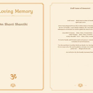 May include: A memorial card with a cream background and a gold border. The text "In Loving Memory" and "Om Shanti Shantihi" are displayed in gold. The right side contains details about the deceased.