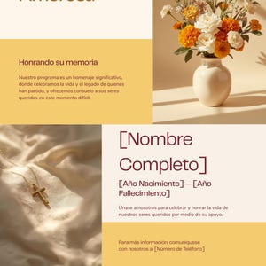 以下が含まれることがあります： スペイン語のテキストが入った追悼のお知らせ。クリーム色の花瓶に入った白とオレンジの花のブーケが特徴です。金色の十字架のネックレスが見えます。