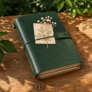 May include: A dark green leather journal with the name Sophie embossed on the cover. The journal is secured with a matching green leather strap and features a small metal tree charm hanging from the bottom. A dried flower sprig rests on a card.