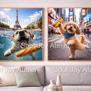 Funny Dog Poster Set – Paris & New York Wall Art, Labrador with Baguette and Cavapoo with Hotdog, Printable Decor, Unique Gift