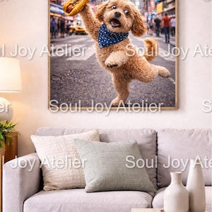 Funny Dog New York Poster Download – Cavapoo with Hotdog, Times Square Wall Art, Cute Animal Printable Decor, Unique Gift Idea