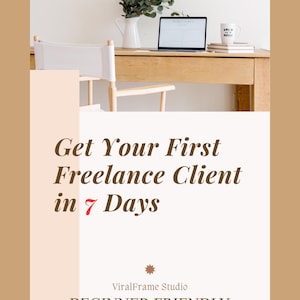 May include: A promotional image with text that reads "30 DM TEMPLATES" and "Get Your First Freelance Client in 7 Days." The image features a desk with a laptop, mug, and chair. The text "BEGINNER FRIENDLY" is also included.