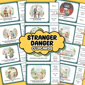 May include: A set of illustrated "Stranger Danger Clipcards" with various scenarios. The cards feature illustrations of children interacting with adults in potentially unsafe situations, with text prompts. The cards are designed to teach children about stranger safety.