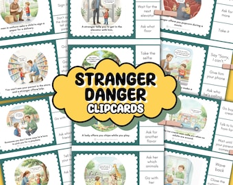 30 tarjetas de seguridad para niños sobre peligro de extraños / Seguridad personal / Actividad de opciones seguras vs. inseguras / Educación en casa para preescolar (PDF)