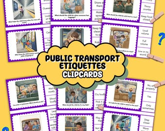 30 tarjetas con imágenes para niños sobre modales en el transporte público / Etiqueta en autobús, taxi y tren: actividades imprimibles para niños pequeños / Educación en casa para preescolar (PDF)