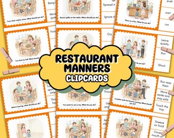 30 tarjetas con imágenes para niños sobre modales en restaurantes / Modales en la mesa y comportamiento en público: actividades para niños pequeños y habilidades sociales / Educación en casa para preescolar (PDF)