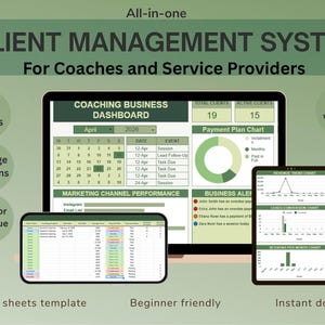 May include: An all-in-one client management system for coaches and service providers. The image shows a computer, tablet, and phone displaying dashboards, charts, and spreadsheets. Text includes "Track clients", "Manage sessions", and "Monitor Revenue".