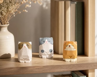 Figura de gato de madera hecha a mano, escultura de gato tallada a mano, 12 estilos de gatos únicos, linda decoración para estante, adorno de escritorio, regalo para amantes de los gatos