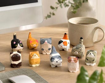 Figura de gato de madera hecha a mano, escultura de gato tallada, 12 estilos de gatos únicos, decoración para el hogar y la oficina, exhibición en estantes, regalo para amantes de los gatos.