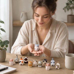 Puede incluir: Una colección de pequeñas figuras de gatos talladas a mano en madera con varios patrones de raza y color, incluyendo calicó, atigrado, blanco y negro, y colores sólidos. Cada gato en miniatura tiene un acabado mate suave y rasgos faciales.