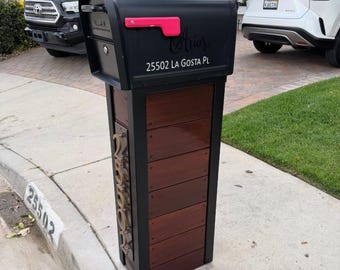Luxury Wooden Mailbox Post with Custom Address, Modern Large Outdoor Mailbox, Contemporary Curbside Mailbox Stand, House Number Decor