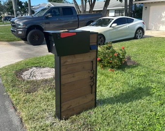Modern Wooden Mailbox Post with House Numbers, Large Outdoor Mailbox Stand, Contemporary Curbside Mailbox, Farmhouse Front Yard Decor