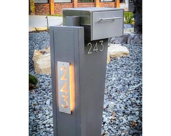 Modern Stainless Steel Mailbox Post with House Numbers, Contemporary Outdoor Mailbox Stand, Luxury Curbside Mailbox, Minimalist Yard Decor