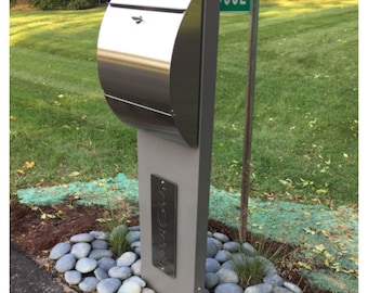 Modern Illuminated Mailbox Post with LED House Numbers, Stainless Steel Outdoor Mailbox, Contemporary Curbside Mailbox, Luxury Address Sign