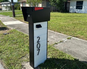 Modern White Mailbox Post with House Numbers, Contemporary Outdoor Mailbox Stand, Large Curbside Mailbox, Minimalist Front Yard Decor