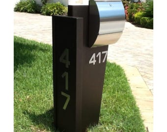 Modern Black Mailbox Post with Stainless Steel Mailbox, Contemporary House Number Mailbox Stand, Luxury Curbside Mailbox, Minimalist Decor