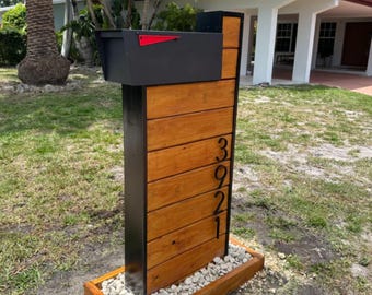 Modern Wooden Mailbox Post with Stone Base, Large Outdoor Mailbox Stand, Contemporary Curbside Mailbox, Luxury Front Yard Decor