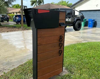 Modern Wooden Mailbox Post with House Numbers, Large Outdoor Mailbox Stand, Contemporary Curbside Mailbox, Luxury Front Yard Decor