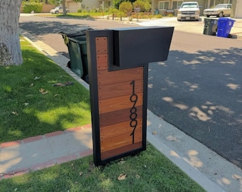 Modern Black Wood Mailbox Post with Custom House Numbers, Luxury Curbside Mailbox, Contemporary Address Sign Mailbox, Outdoor Mailbox