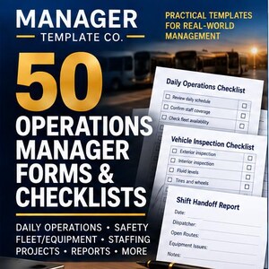 以下が含まれることがあります： Manager Template Co.のデジタル製品広告で、50 Operations Manager Forms & Checklistsが掲載されています。テキストには、Practical Templates for Real-World Management、Daily Operations Checklist、Vehicle Inspection Checklist、Shift Handoff Reportが含まれています。