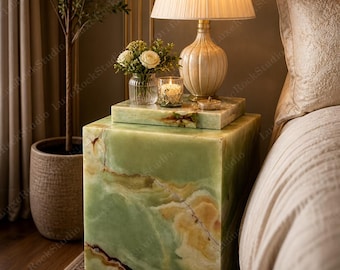 Onyx Bedside Table, Green Marble Nightstand, Handmade Stone Accent Table, Modern Luxury Bedroom Furniture
